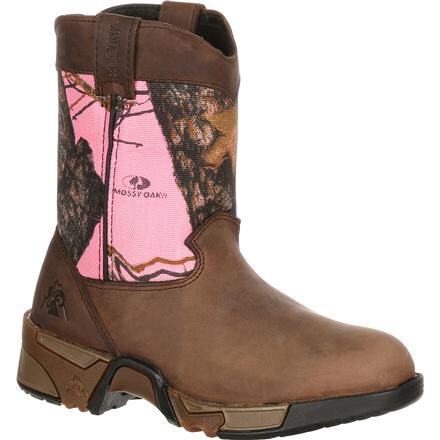 Bota Wellington sin cordones con camuflaje rosado de 8 in para ninos Rocky Aztec